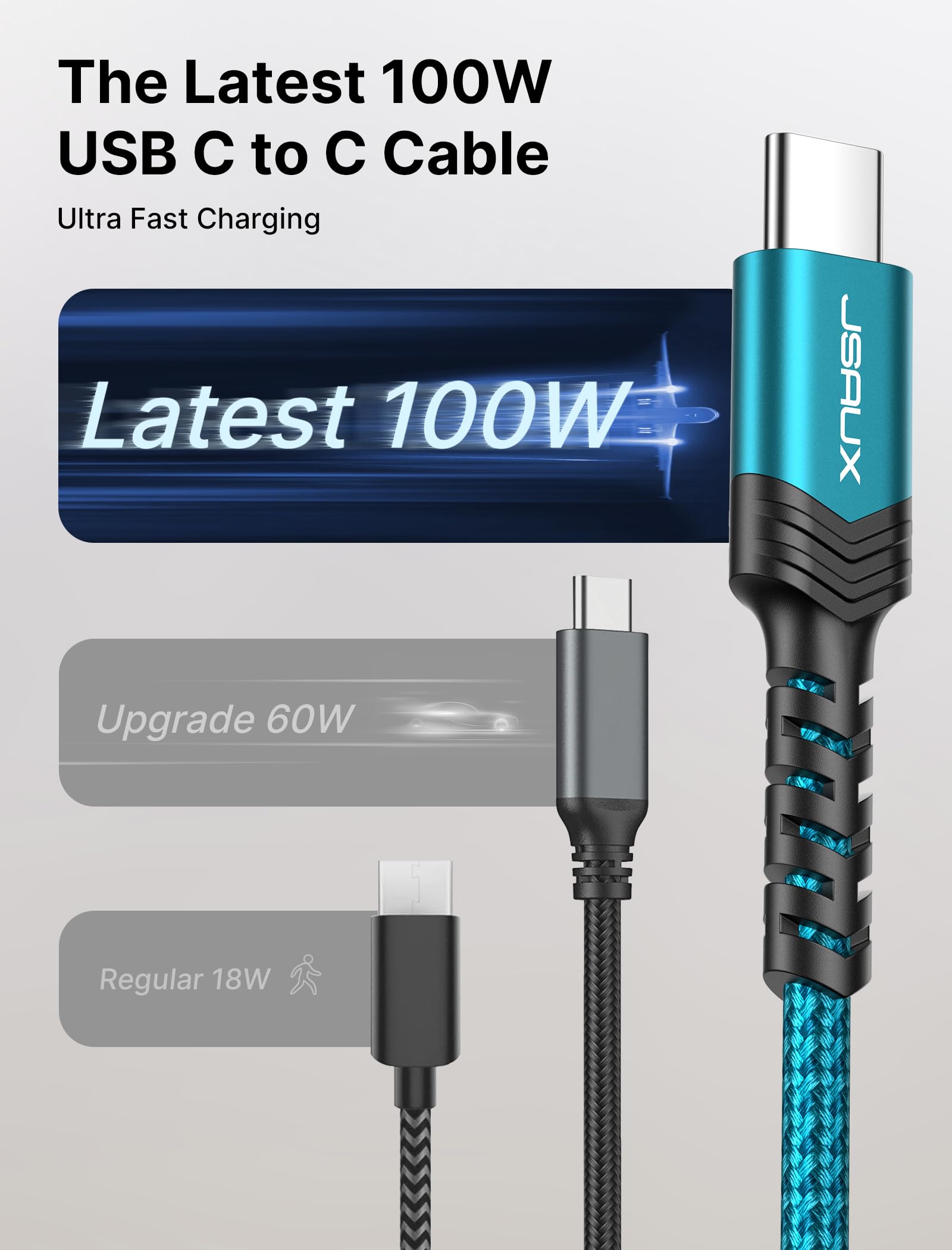 JSAUX 3-Pack USB C to USB C Cable 100W [10ft/6.6ft/3.3ft] Compatible with iPhone 17 Air 16 15 Pro Max Samsung Galaxy S25 S24 CarPlay iPad Pro, Type C to C Charger Cable Fast Charging - Green - Detailed View