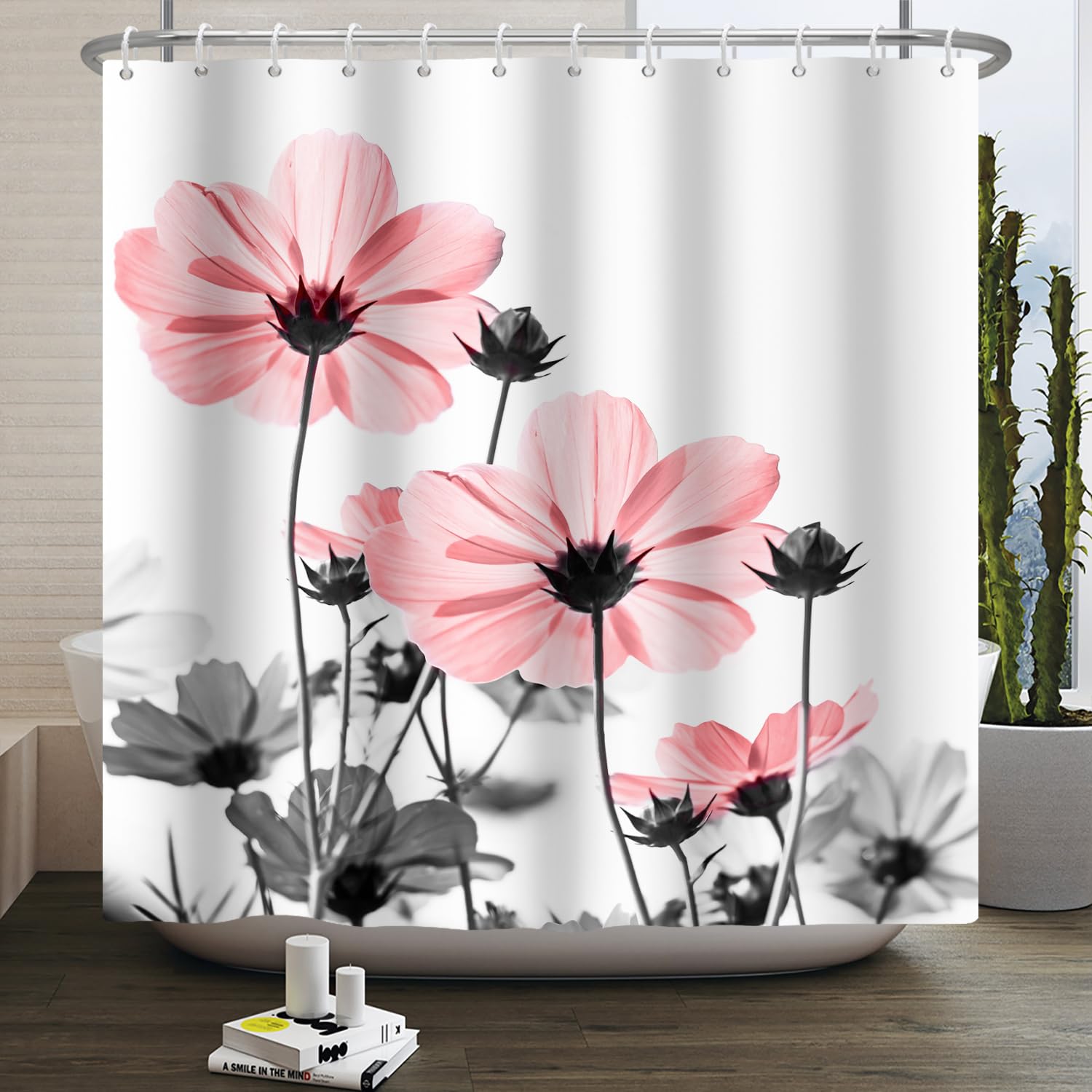 Red Grey Floral Shower Curtain - Daisy Wildflowers Bathroom Decor, Farmhouse Vintage Style, 72x108 Inches