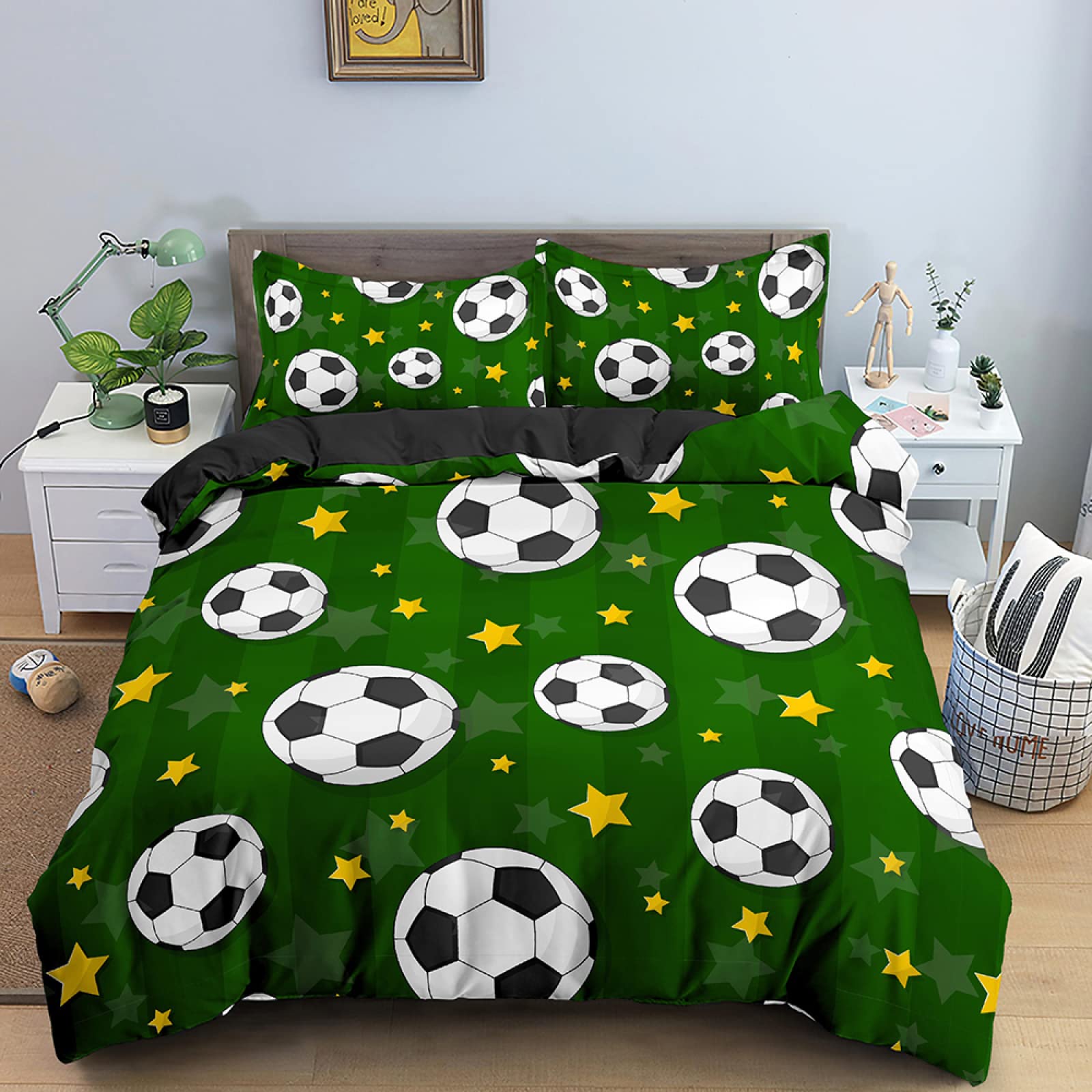 Housse de couette 90x190 enfant microfibre anti-plis motif balle verte