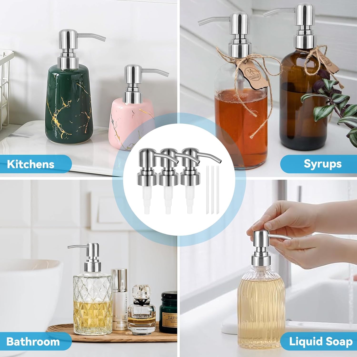 JTOOYS Pompdispenser, 3 stuks roestvrijstalen dispenser voor vloeibare zeep, vervanging met draad voor standaard 28/400, nekmaat, 26-28 mm, mondstuk en buis, keuken, badkamer, werkblad, flessenpot
