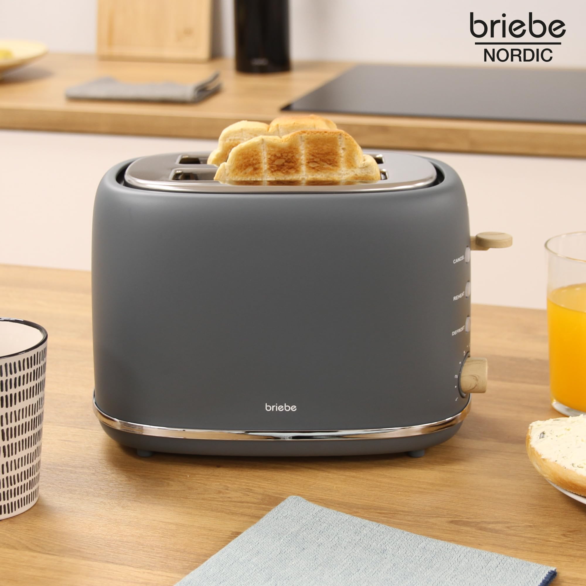 briebe Nordic Tostapane a Fessura Larga a 2 Fette, 6 Livelli di Tostatura, Pinze + Bollitore Elettrico 1,7L Cordless, Ebollizione Rapida 2200 W, senza BPA, Set Colazione Design Nordique, Grigio