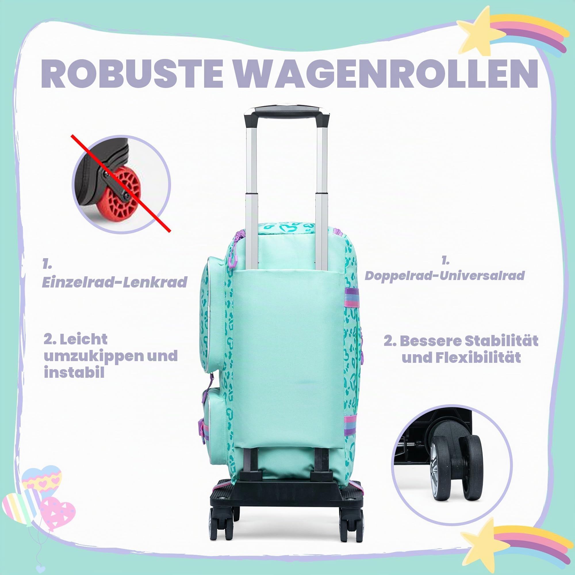 Reisetasche mit Rollen für Kinder, Rolltasche mit Rollen und Griff, mit Make-up-Tasche, Reise-Kulturbeutel, Grün/Love