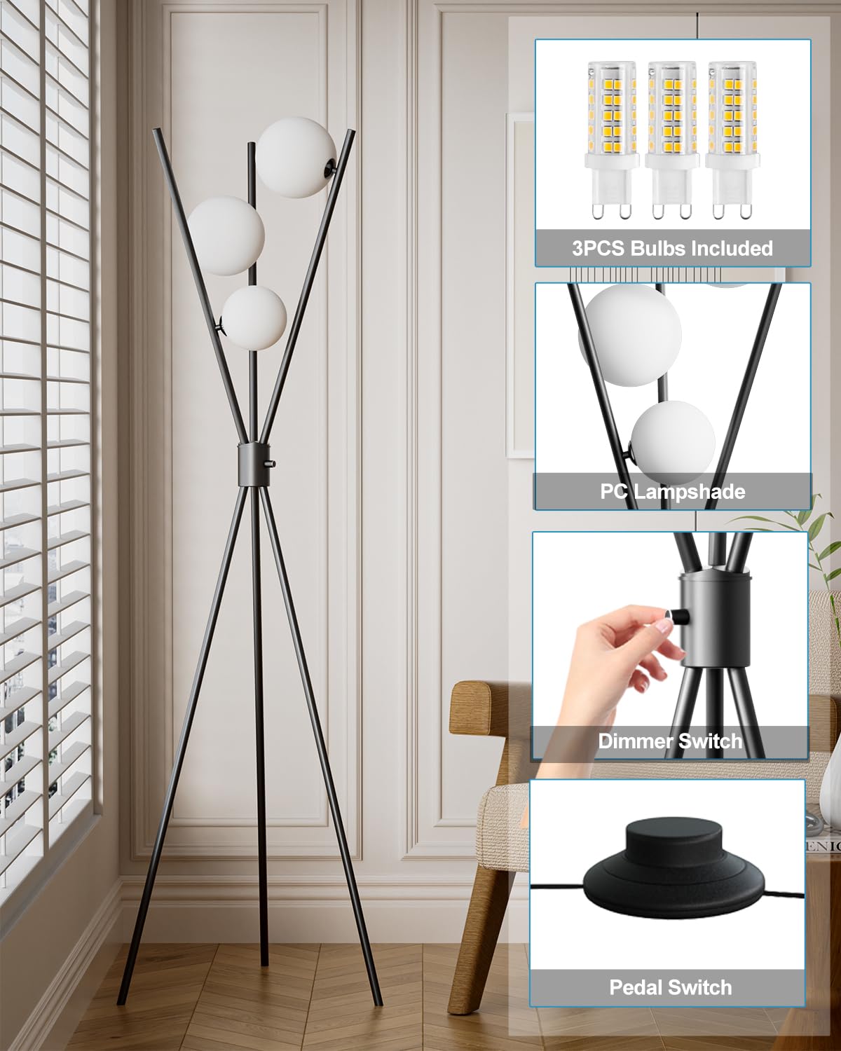 3 globusy ściemniana lampa podłogowa, lampy stojące z połowy wieku z 3 szt. żarówek 3000 K w zestawie, nowoczesna wysoka lampa do salonu, sypialni, biura, czarna