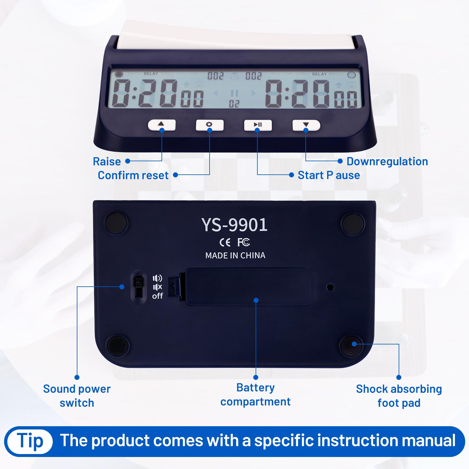 Orologio da Scacchi​​ Professionale,timer scacchi con Display Multifunzione Digitale,orologio scacchi con indicazione dell'ordine di gioco,​​per torneie giochi da tavolo (Blu navy)