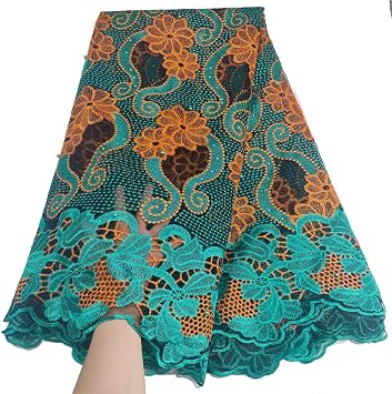 LadyQ Latest African Lace Fabric Nigerian Lace Fabric 5 Yards Green Swiss Cord Net French Laces Fabrics With Stones 3354LD Green