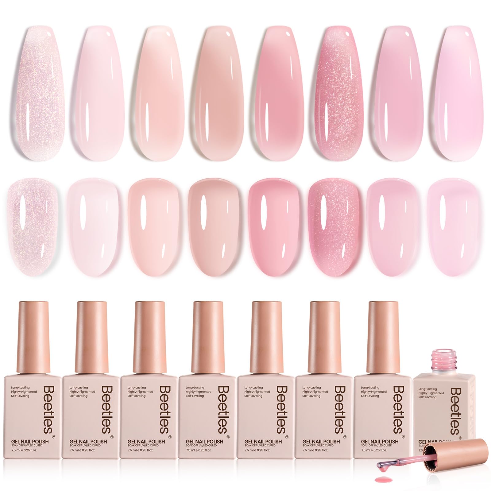 Beetles Pink Gel Nail Polish Set, 8 Colors Nude Pink Jelly Gel Polish Shimmer Glitter Sheer Transparent Effect Classic Neutral Nail Polish Soak Off UV French Nail Art Manicure Salon Gift for Women