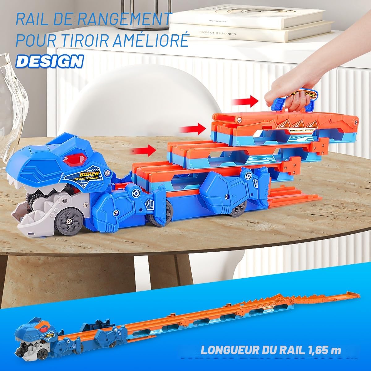 TERRAMUS Camion de transport Dinosaure - Jeu de jouets de voiture 3 en 1 avec éjection, piste pliante portable pour enfants avec 8 voitures de course, jeu de jouets de voiture portable pour enfants