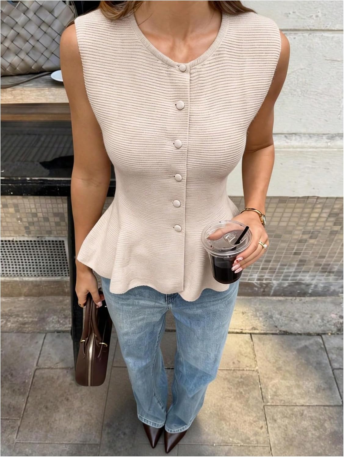 SOLY HUX Women's Sleeveless Button Up Sweater Tank Top Knit Vest Office Work Peplum Tops