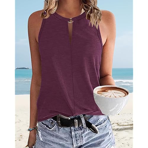 Womens 2025 Summer Tank Top for Women Casual Sleeveless Metal Keyhole Shirts