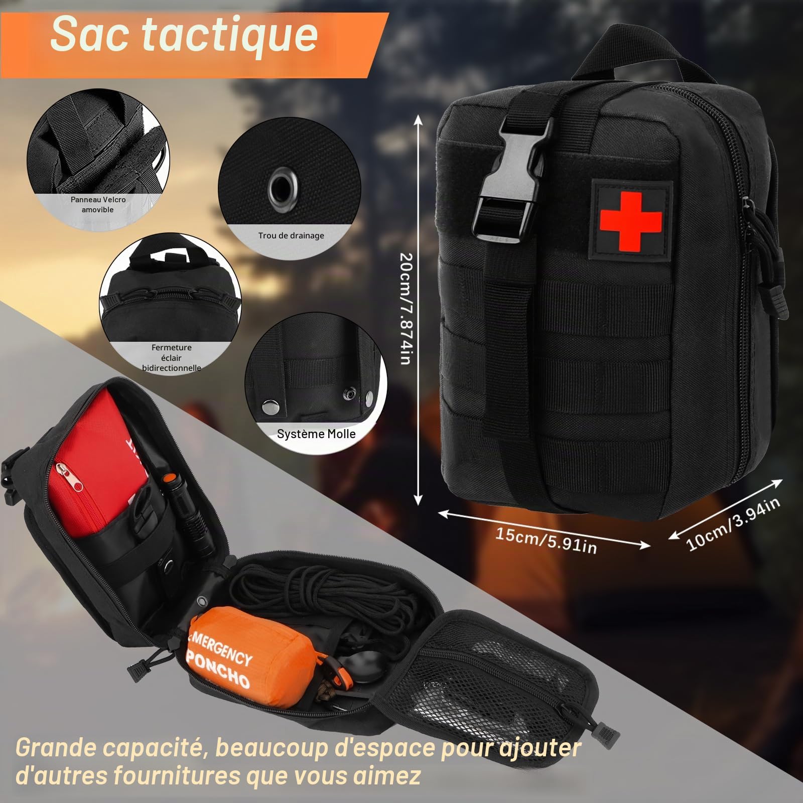 Kit de Survie Sac Complet 30 en 1 de 69 Pièces, Trousse de Secours Lampe Torche Boussole Couverture Sifflet de Survie, pour Camping Randonnée et Chasse Survivalisme