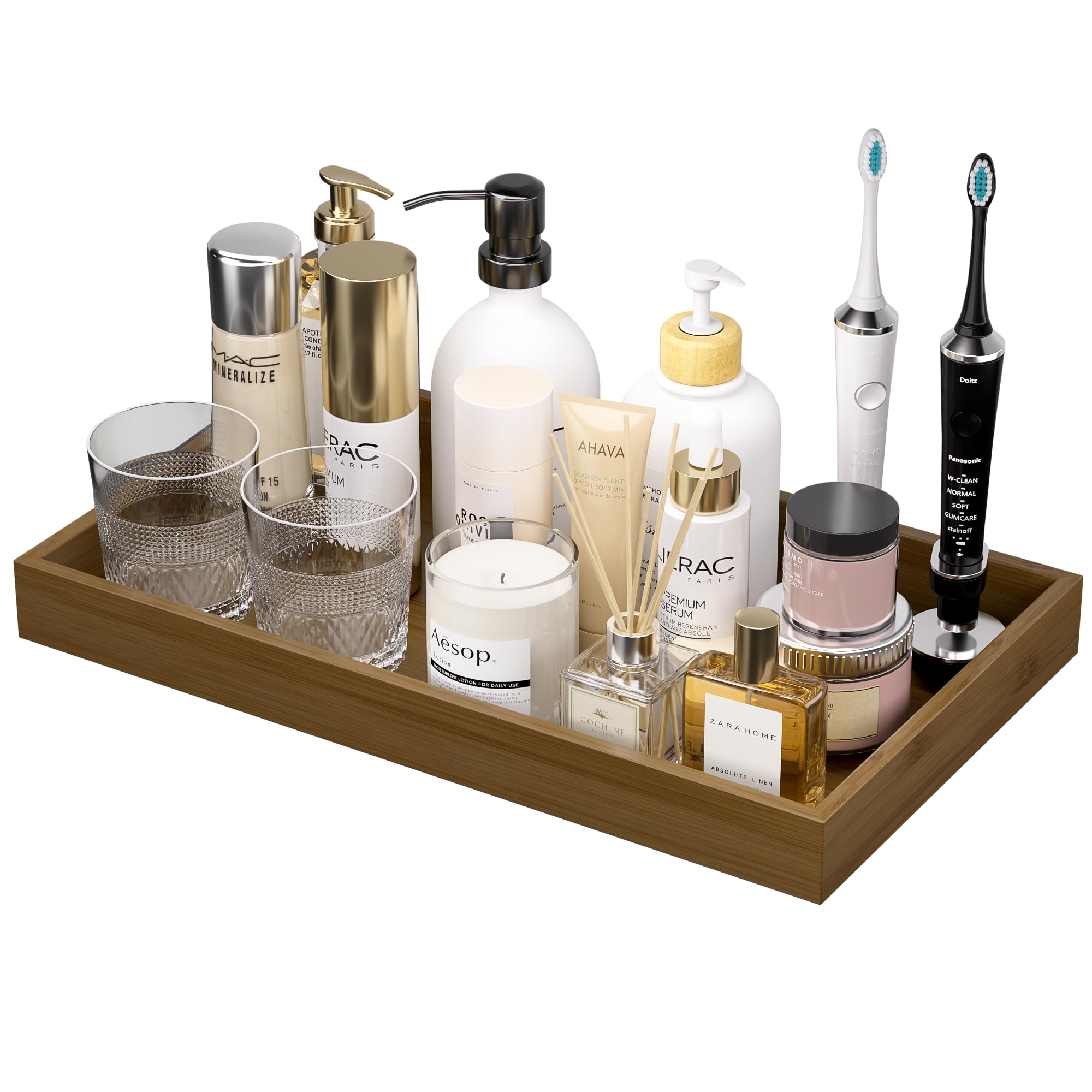 ZHWS Bathroom Vanity Tray for Countertop Perfume Makeup Jewelry Candle Decor, Kitchen Tray for Soap Dispenser Spice Salt, Large Tray for Toilet Tank Paper, Serving Nightstand Brown 13”x6.5”