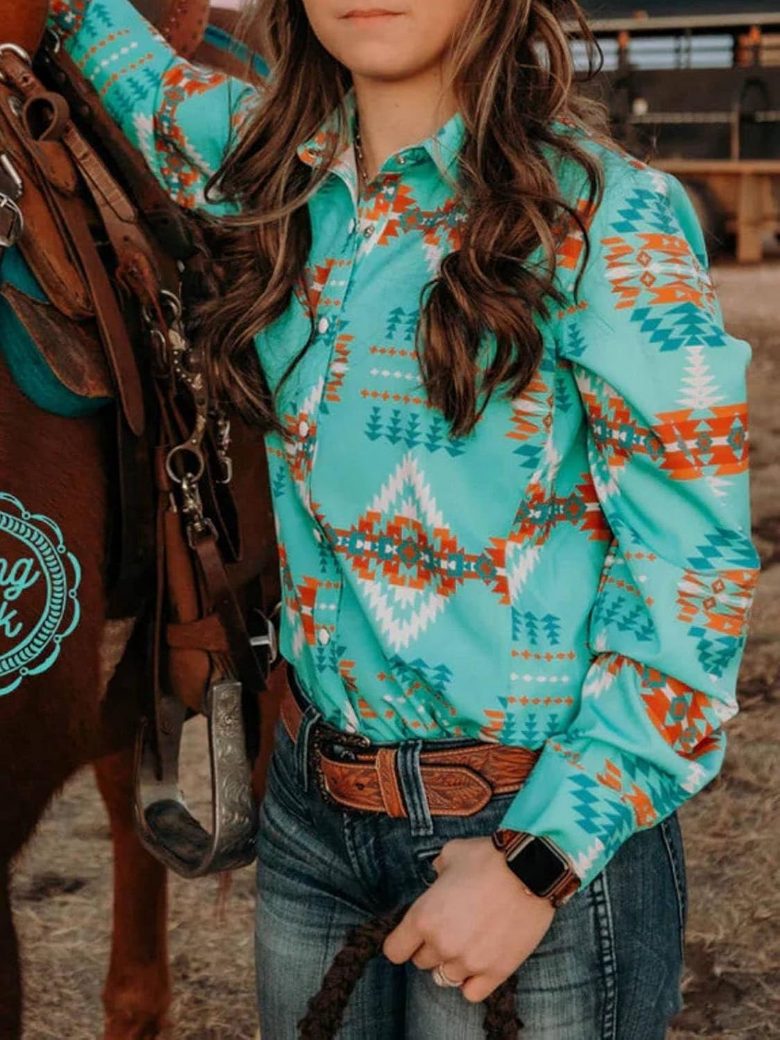 Womens Retro Aztec Pearl Snap Shirts Lapel Button Up Blouse Long Sleeve Cowgirl Ethnic Print Rodeo Western Tops