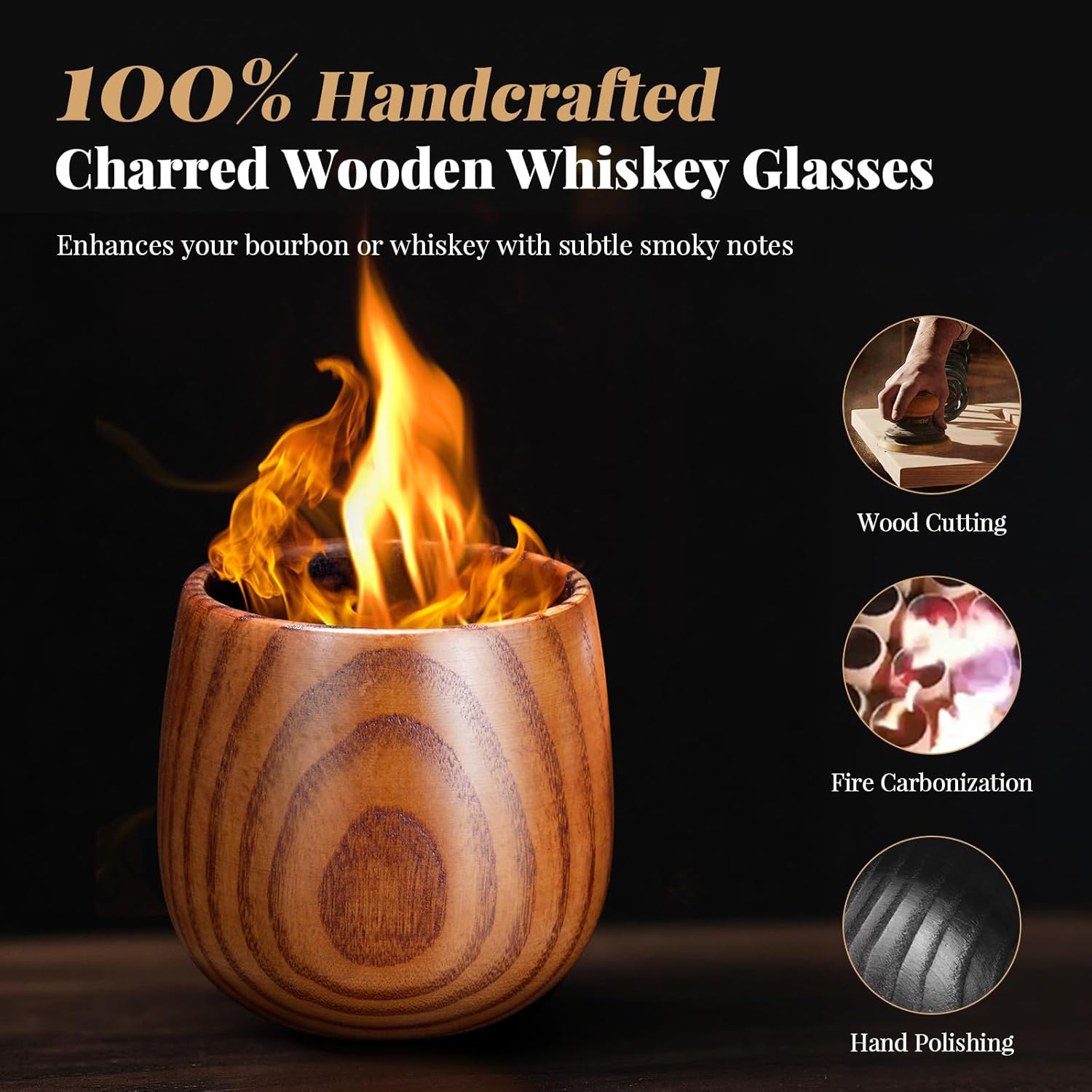 Whiskey Glasses Charred Wooden Bourbon Glass, 10oz Handmade with Stones & Tongs – Unique Bourbon Gifts for Men Dad Husband, Ideal for Christmas Birthday Father's Day - Image 2