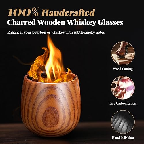 Miniatura 2 de Vasos de whisky de madera carbonizada, vidrio de bourbon de 10 onzas hecho a mano con piedras y pinzas, regalos únicos de bourbon para hombres,