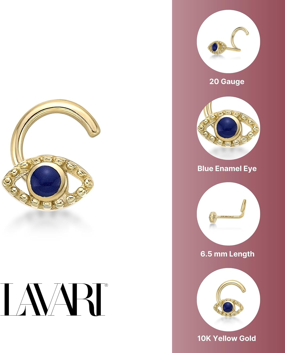 Lavari Jewelers 20 Gauge Evil Eye Curved Screw Nose Stud for Women and Men - 10k Yellow Gold Multicolor Enamel Nose Ring - Unisex Hypoallergenic Nostril Piercing Jewelry - 20G Body Piercing