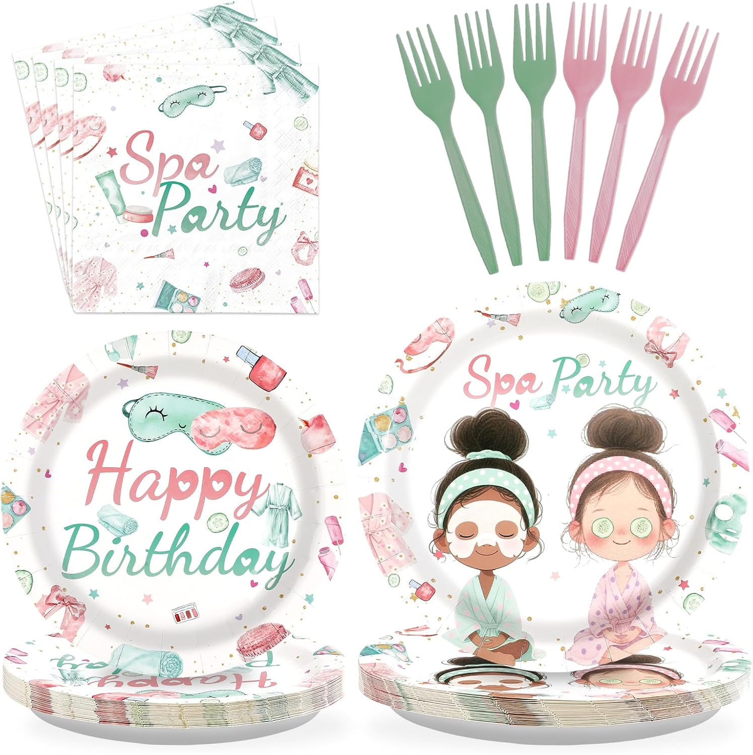 96Pcs Spa Birthday Party Supplies Slumber Sleepover Pajama Plates and Napkins Tableware Sets Pink Makeup Happy Birthday Dessert Plates Decorations Favors for Girls Baby Shower Holiday Party Serves 24