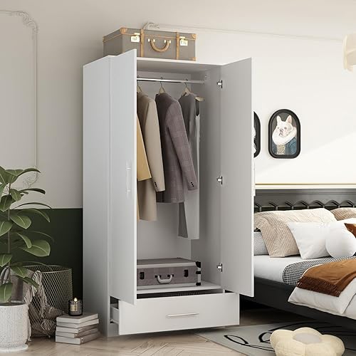 AIEGLE 2 Doors Wardrobe Armoire with Drawer, Freestanding Armoire Wardrobe Closet with Hanging Rod, Bedroom Wood Clothes Storage Cabinet Organizer in White (31.5" W x 18.9" D x 66.9" H)