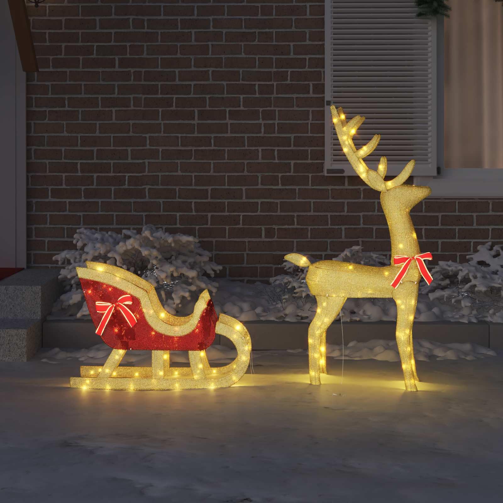 Rentier Zieh Schlitten Stoff mit warmweißen LED-Lichtern 151 x 28 x 128,5 cm, wetterfest, USB betrieben, mit roter Schleife, Weihnachtsdeko für Wohnzimmer und geschützten Außenbereich