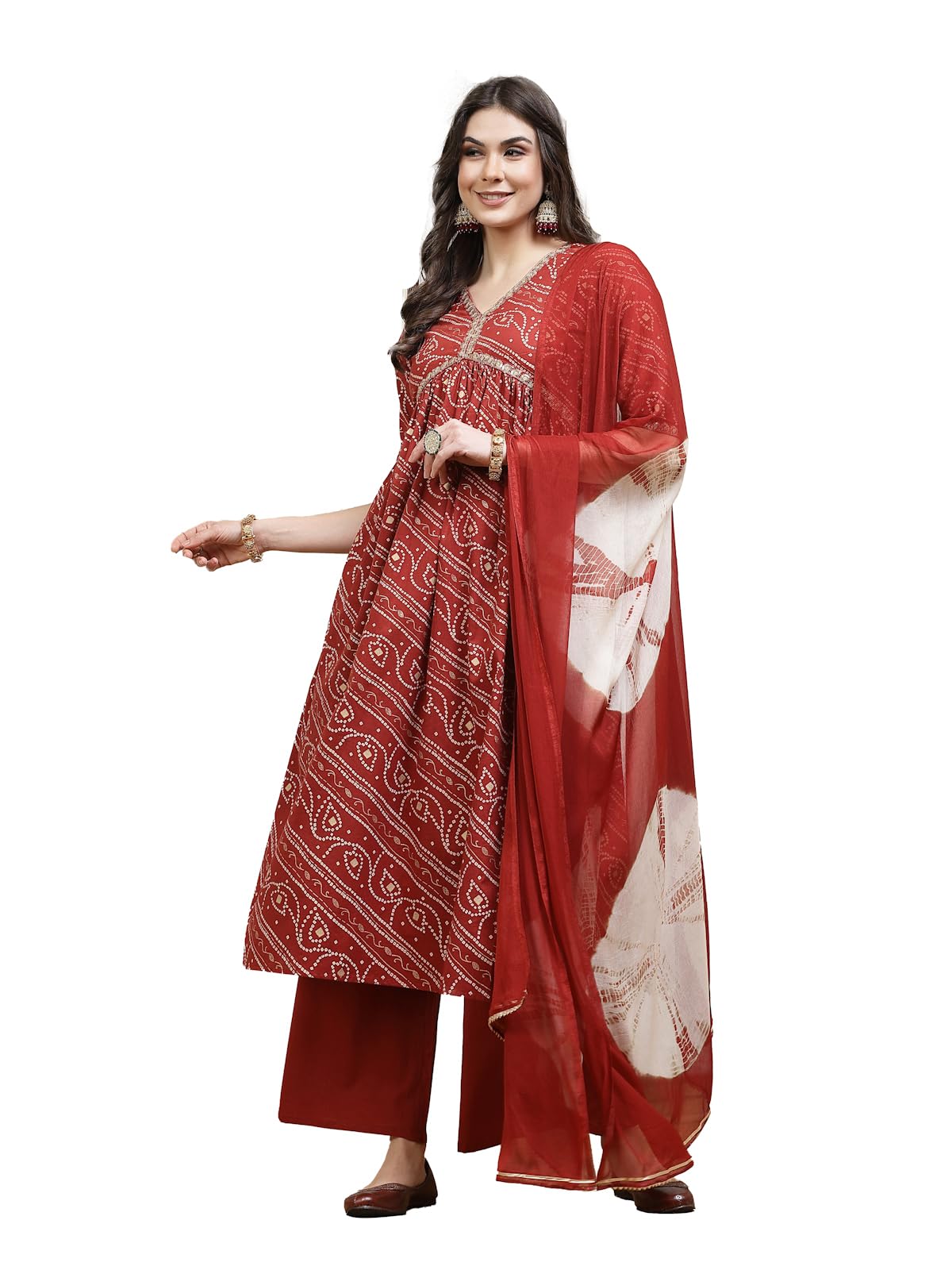 Stylum Women's Bandhej Printed Rayon Naira Cut Kurta Palazzo Dupatta Set (Kpdrustcharli44_Rust, Xxl)