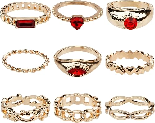 9pcs Gold Ring Set with Red Rings for Women, Stackable Crystal Heart, Chain Finger Rings Cute Statement Knuckle Jewelry Accessories for Halloween Party