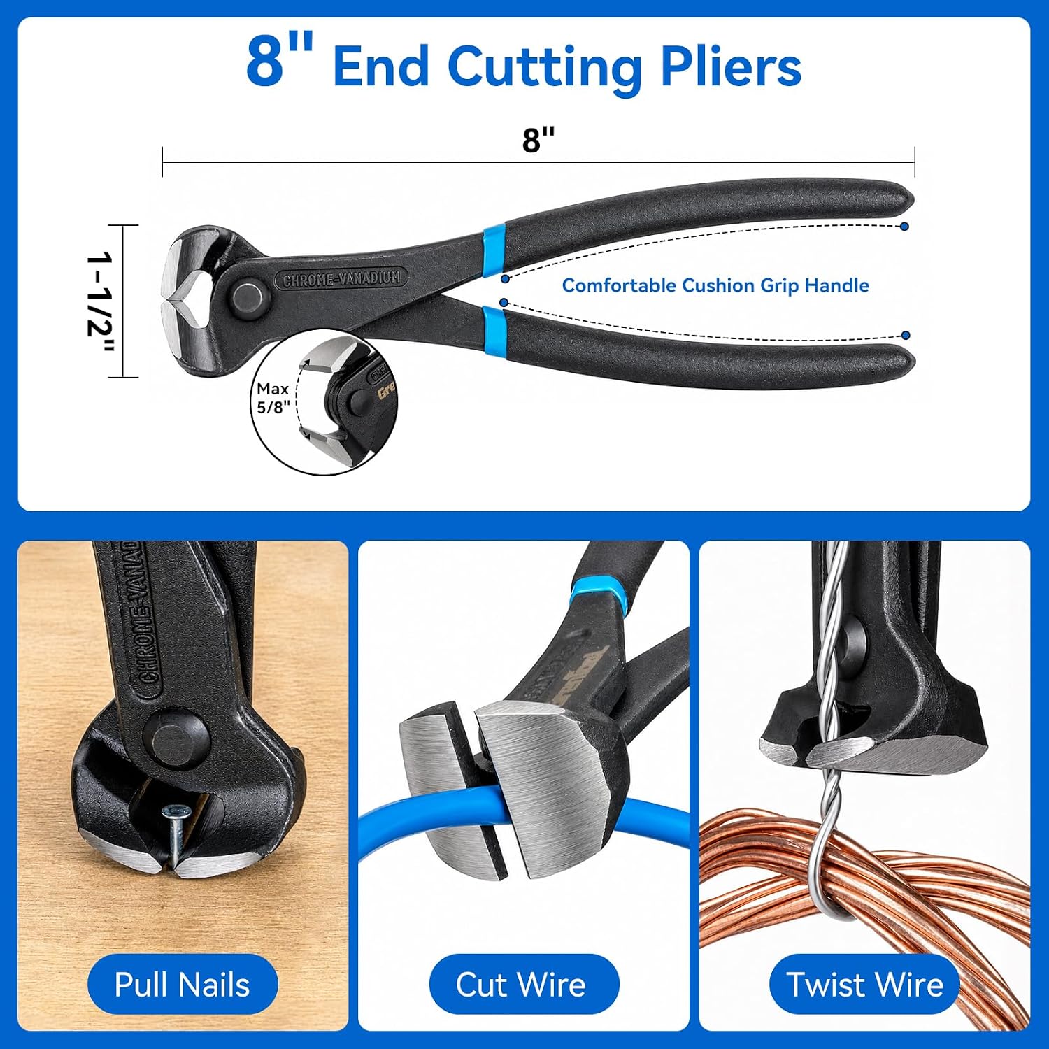 4 Pcs Pry Bar Set, 12" Cats Paw Nail Puller, 10" & 7.5" Flat Pry Bars, 8" End Cutting Pliers, Utility Wonder Crowbar, Nail Remover Tool for Prying, Scraping, Lifting, Pulling, with Gloves