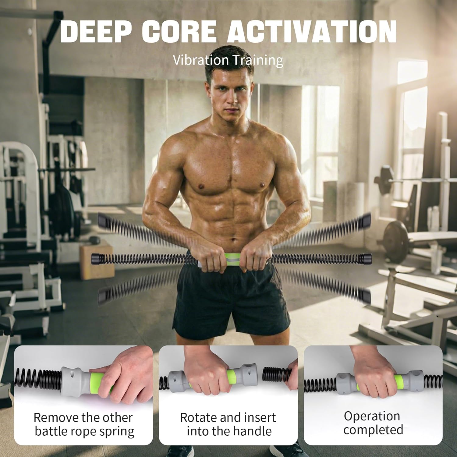 Ropeless Battle Ropes - 3-in-1 Heavy Ropeless Jump Rope Set & Solid Steel Resistance Bar for Home Gym - Portable Workout Equipment for HIIT,Strength Training