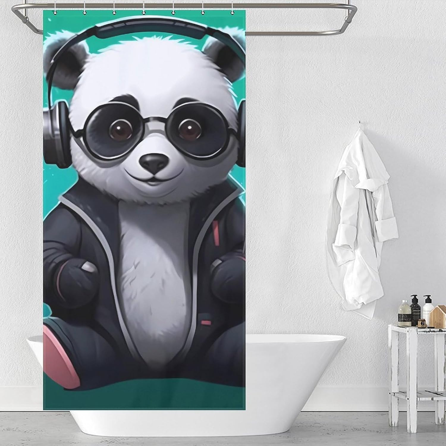 Panda Enjoy Music Funny Shower Curtains Washable Bath Curtain Liner with Hooks for Bathroom Bath Tubs