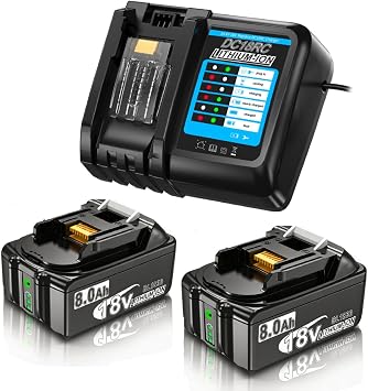 Bonadget 2Pack 8.0Ah Replcement for Makita 18V Battery and Charger LXT Lithium-ion Combo BL1815 BL1860 BL1860B BL1820 BL1820B BL1850B BL1850 BL1840 BL1845 with 18V Power Tools