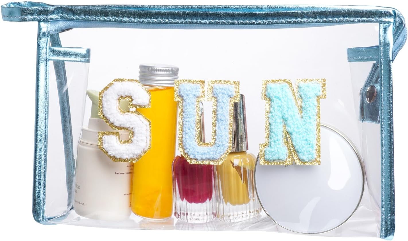 Clear Preppy Patch Makeup Bag, Sun Chenille Letter Bag for Beach, Pouch With Zipper, Travel Cosmetic Toiletry Bag for Women Girls Teens (Blue)