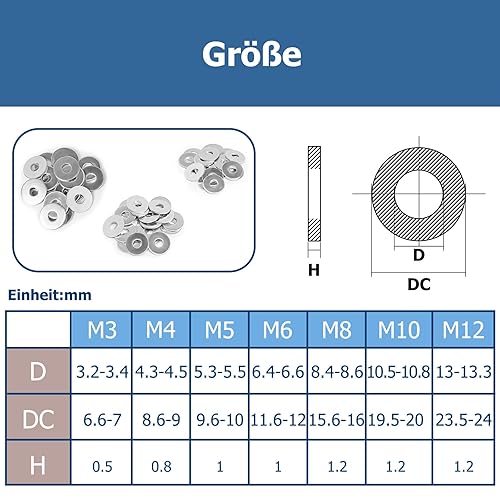 Miniatura 2 de Kviceo Surtido de arandelas planas de acero inoxidable, 18-8 (304) arandelas métricas de acero inoxidable, juego de 547 piezas (M3, M4, M5, M6, M8,