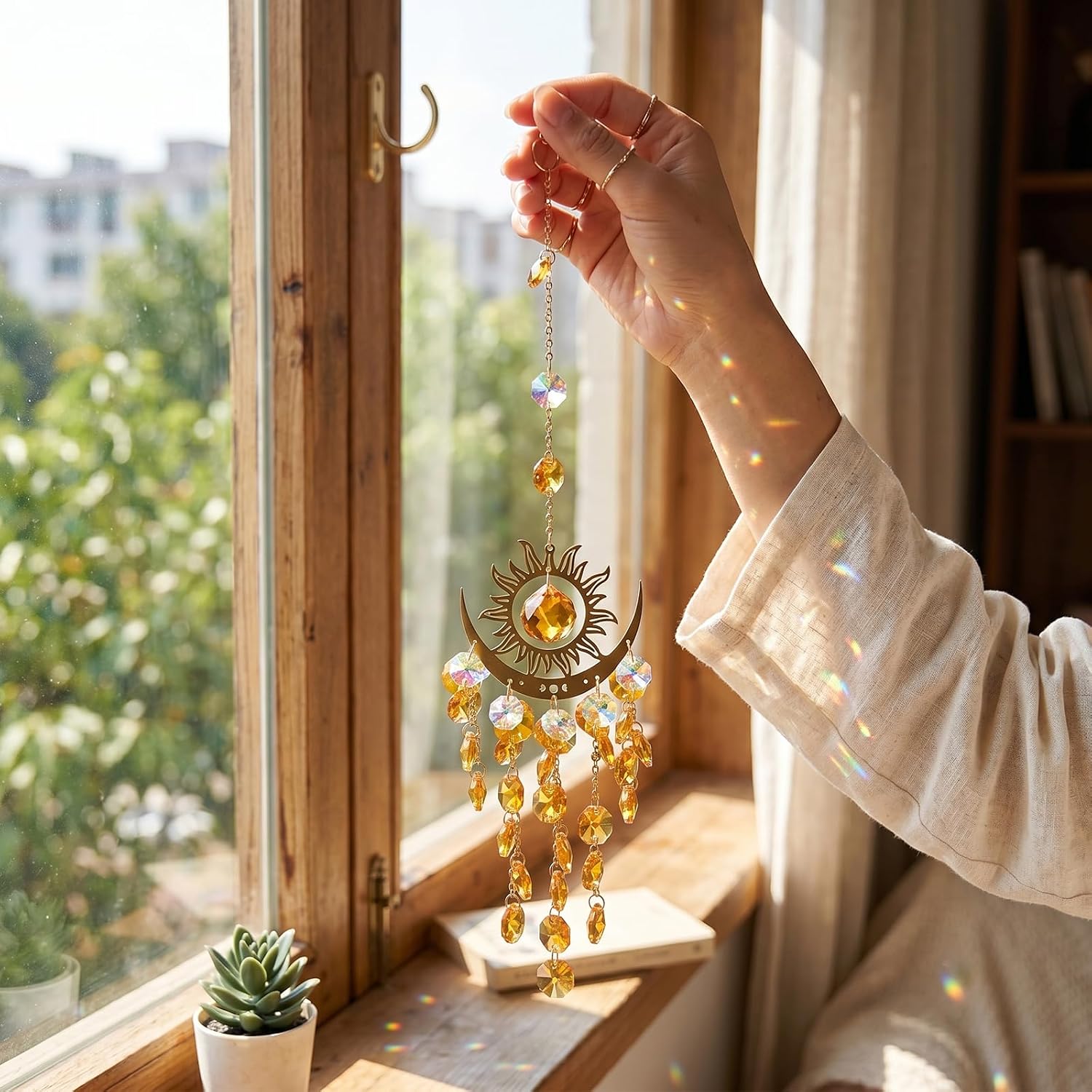 Crystal Window Prism, Prism Rainbow Maker with Chain, Sun and Moon Catchers Suncatcher for Windows Hanging, Indoor Outdoor Home Garden Decor for Christmas Mother's Day Birthday image 4