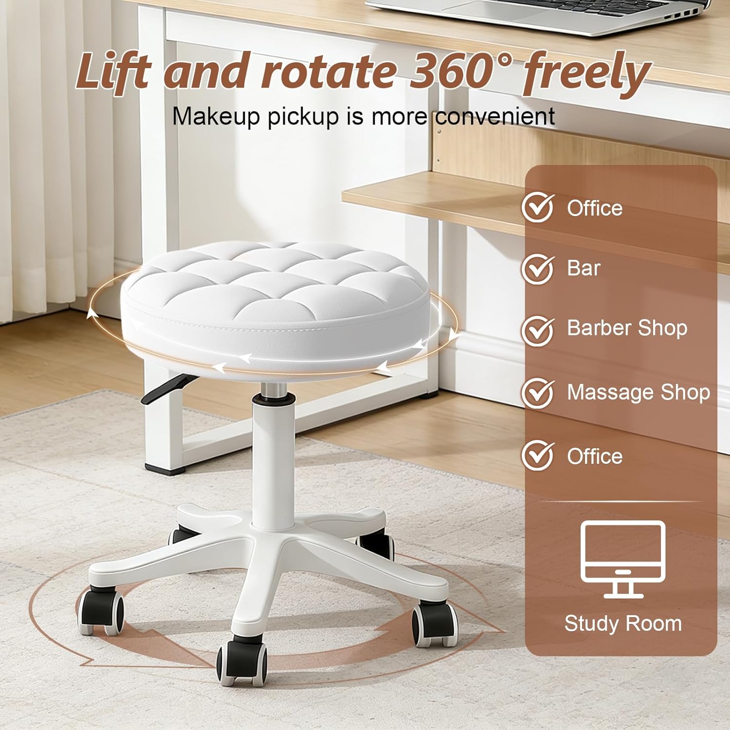 JPBSTO Small Rolling Stool with Wheels, PU Leather Height Adjustable Vanity Work Task Stool, 360 Swivel, Padded Seat Cushion,for Salon, Home, Office