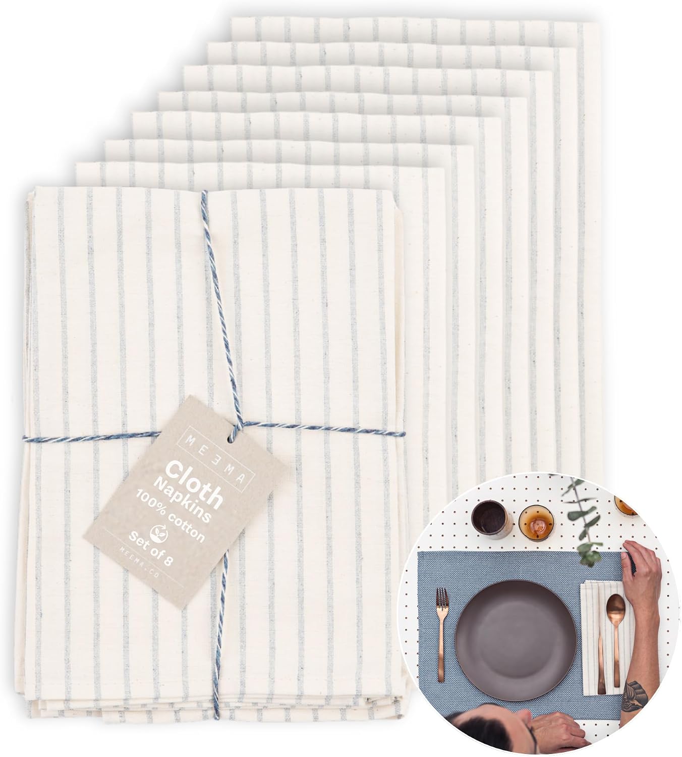 MEEMA Cloth Napkins | Washable Cotton Fabric Dinner Napkins Made from Upcycled Materials | Kitchen Table Gift Set | 19.5 x 18.5 in | Set of 12