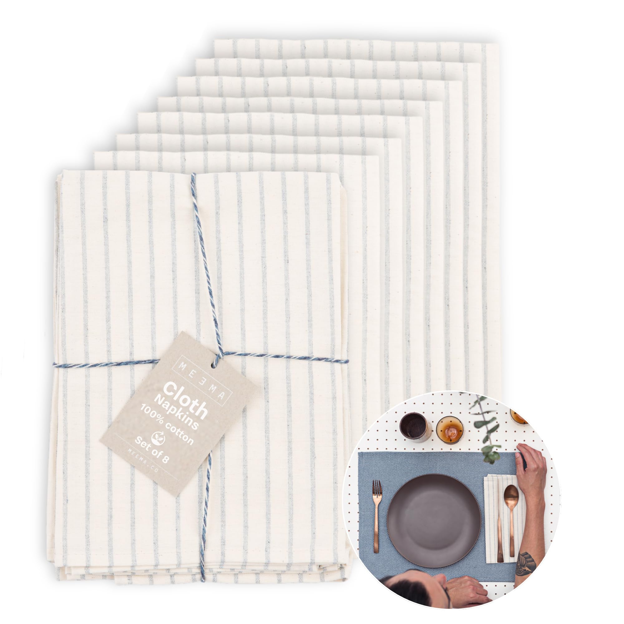 MEEMA Table Napkins Cloth Set of 8, Servilletas de Tela para Mesa Elegantes, Natural Napkins Blue Striped, Soft Thick Reusable Kitchen Napkins for