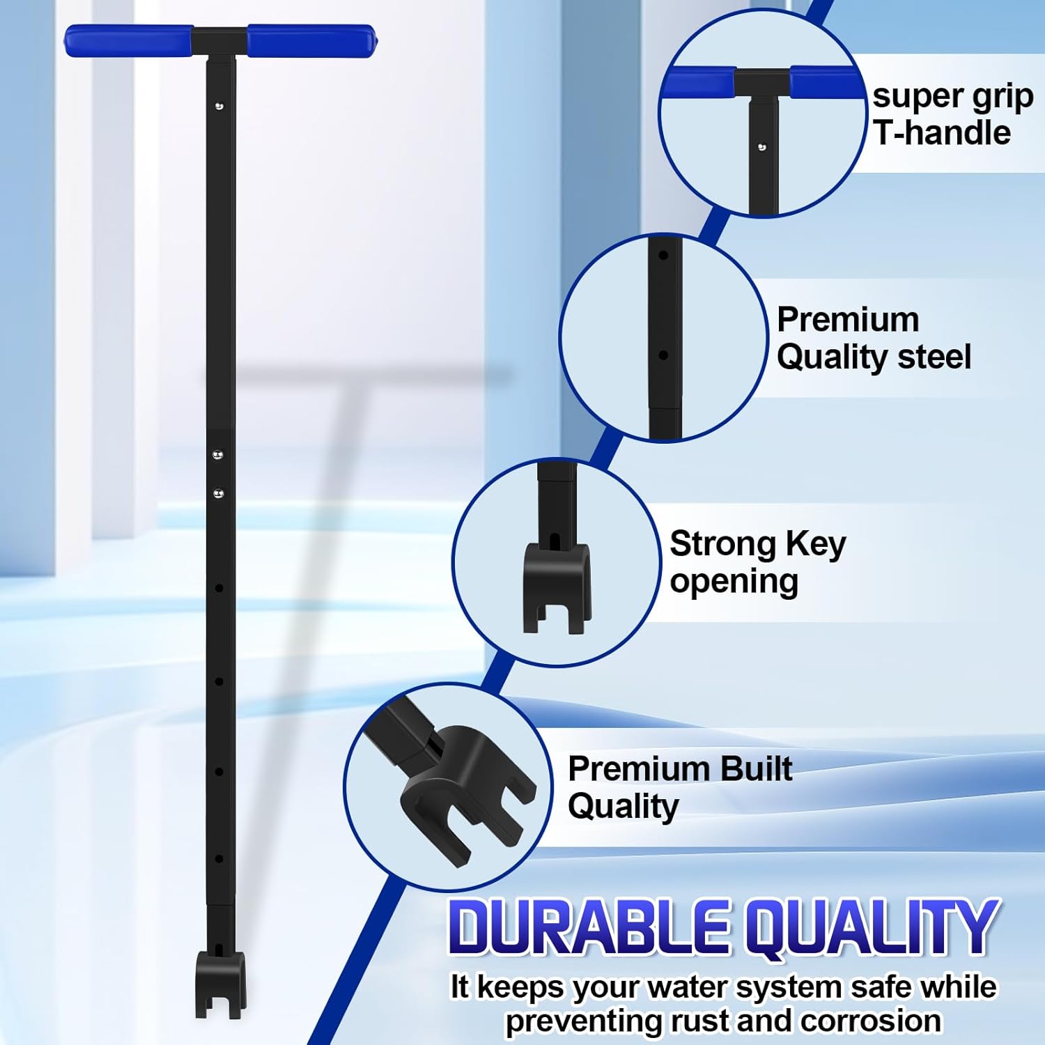 Water Meter Key Shut Off Tool 15 Inch to 28 Inch with 4-way Multi-Functional Utilities Key, T-Handle Removable Water Meter Wrench for Curb Main and Water Meters, Underground Stop or Waste Valves