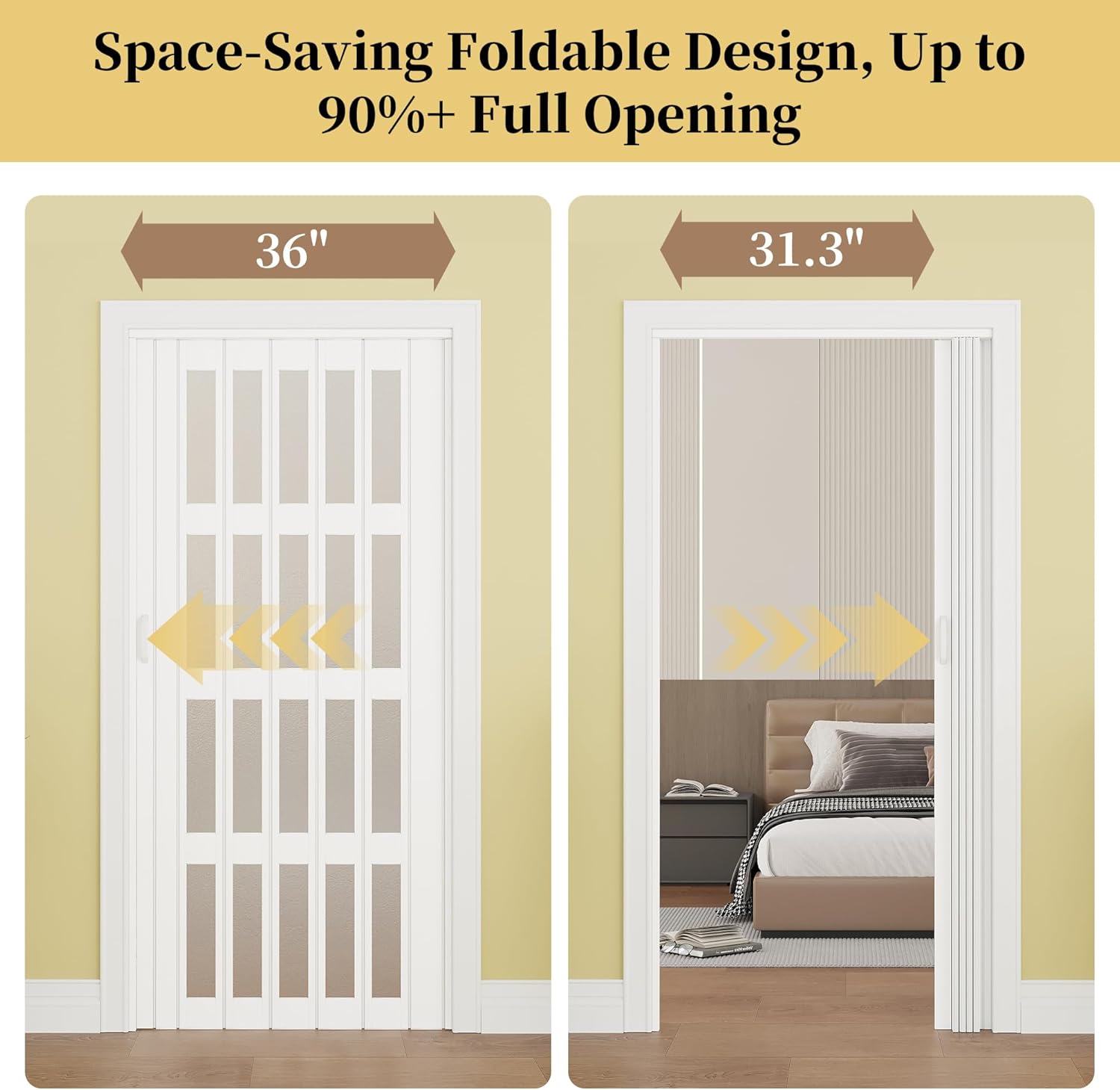 WINSTELLAR 36" x 80" Enhanced Accordion Doors with 4 Frosted Acrylic Panels, Bifold Closet Door Hardware Kit Included, PVC Interior Folding Doors with 2 Handles for Closet Bathroom Doorways