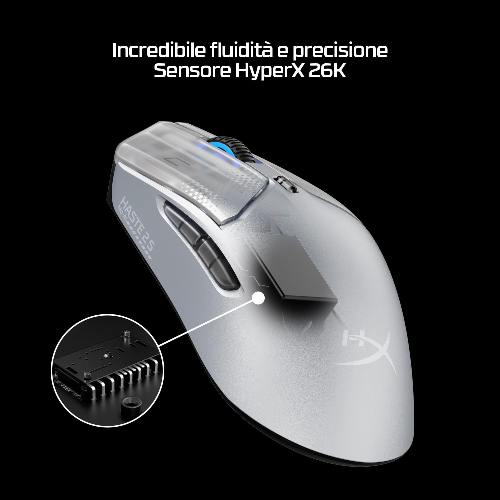 HyperX Pulsefire Haste 2 S, Mouse Gaming Wireless, Argento | Scocca in Magnesio, Ultra Leggero 64 g, Batteria fino a 120 ore, Pattini in Vetro, Sensore 26K