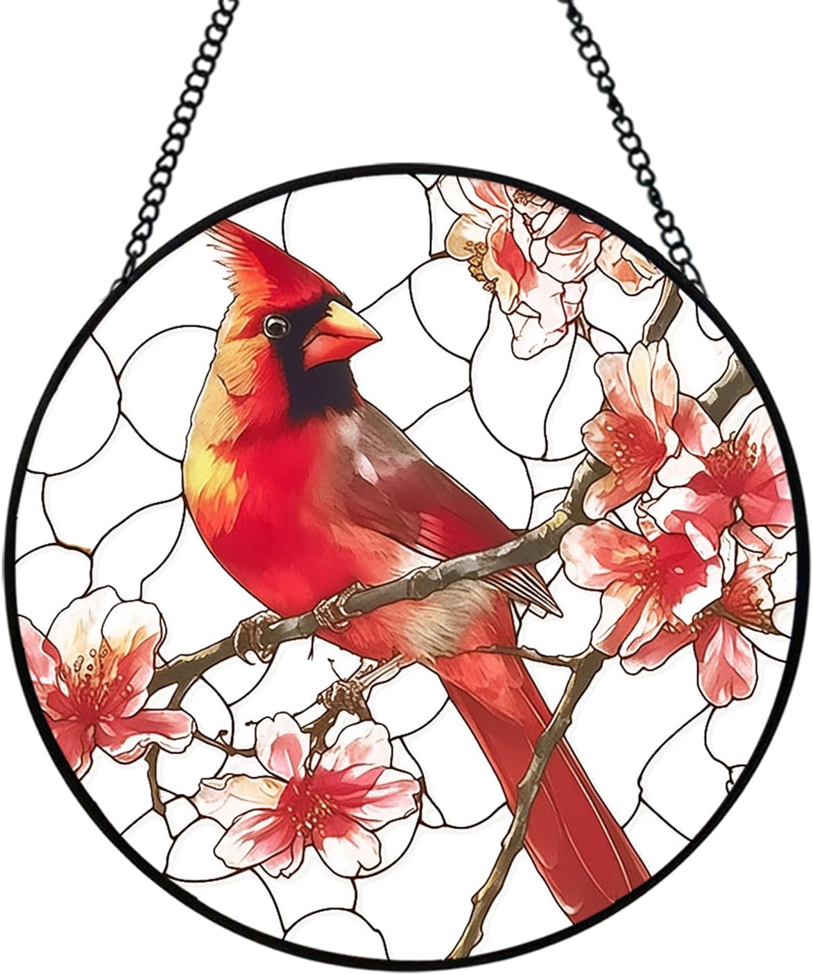 Stained Glass Style Cardinal Suncatcher, 7.87 Inch (20cm) Round Real Glass Window Hanging with Gift Box and Chain, Bird Decor Gift