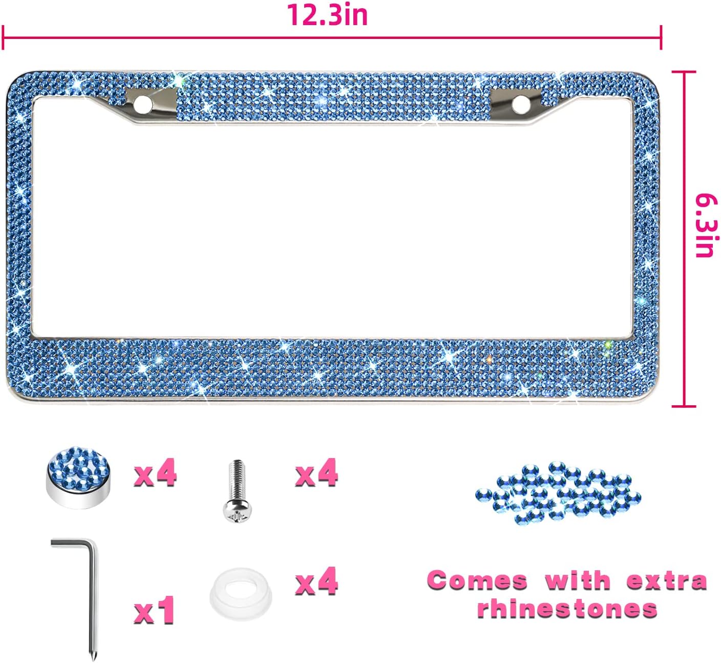 Bling License Plate Frame for Women,Sparkly License Plate Frames| Stainless Steel Frames & Over 1200 pcs Finest 14 Facets Glass Diamond Rhinestone Crystals w/Free Premium (Light Blue)