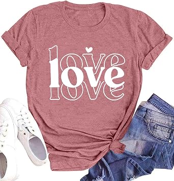 Women's Love Letter Print Valentine's Day T-Shirt - Short Sleeve Round Neck Casual Tee (Pink)