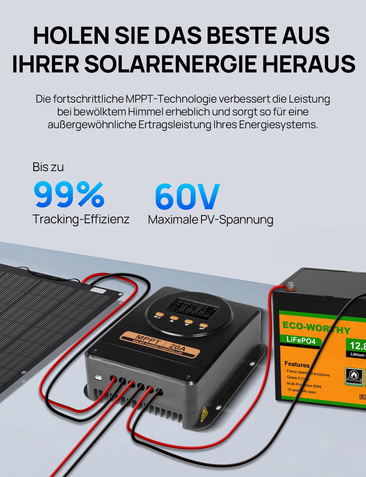 ECO-WORTHY 20A MPPT Laderegler, 12V/24V mit automatischer Erkennung, Bluetooth, App und Display, kompatibel mit Blei-Säure-/SLA-/FLD-/LFP-Batterien, geeignet für Wohnmobil und netzunabhängige System