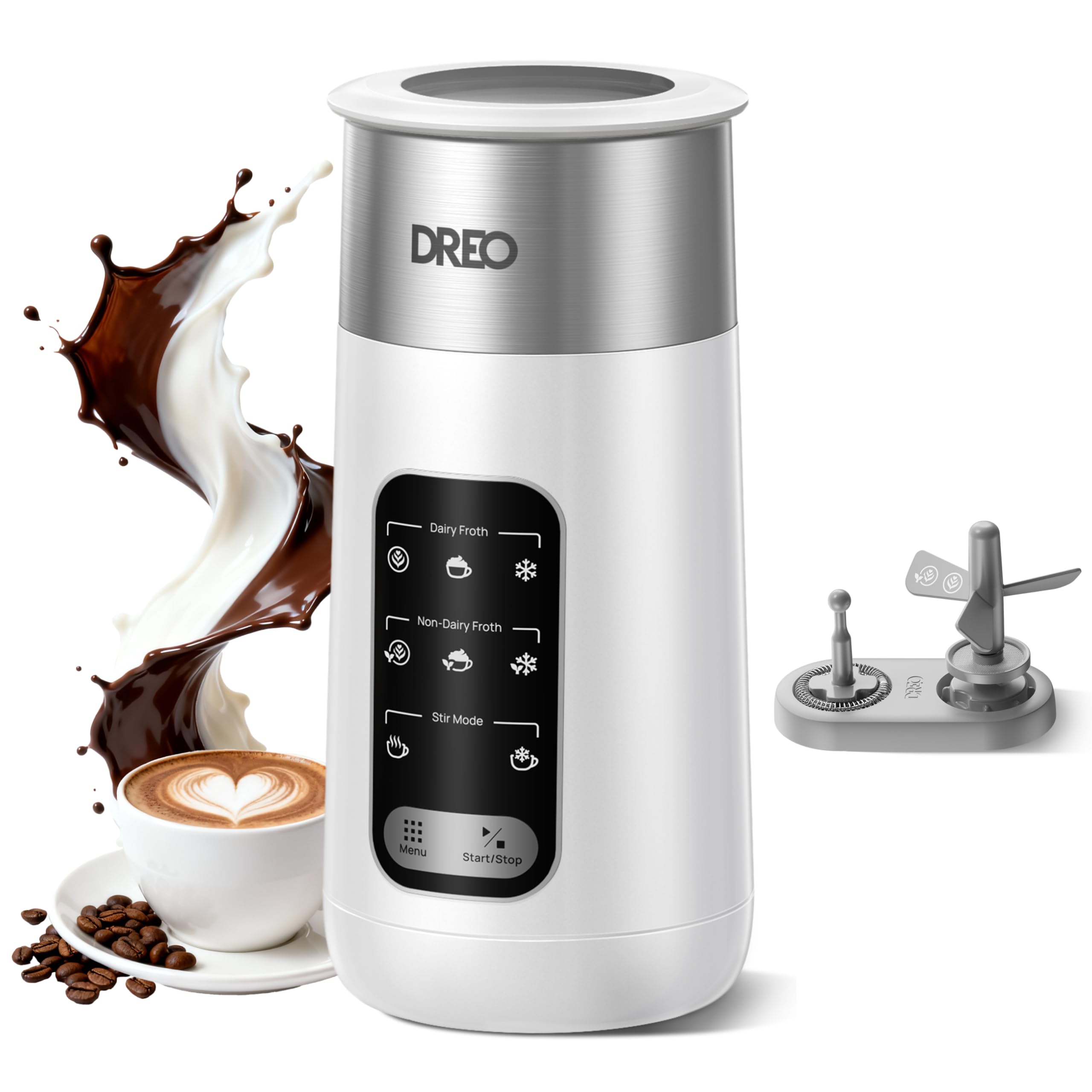 DREO Milchaufschäumer, 8-in-1 Elektrischer Aufschäumer für Latte Art Kaffee, 255.1 g/435ml Heiß- und Kaltschaumbereiter, Automatischer Milchwärmer für Milch- und Nicht-Milchmilch mit LED
