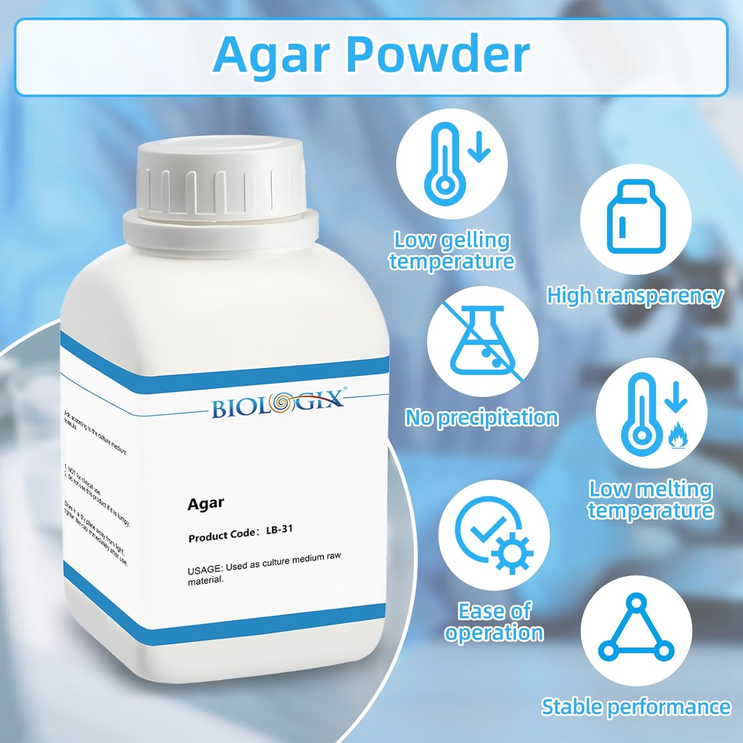 Lab-Grade Agar Powder, Makes Over 1498 to 1666 Agar Petri Dishes, Gel Strength 800-1100 g/m2 (68°F), for Lab Research, 500g/Bottle(1.1 lb.)