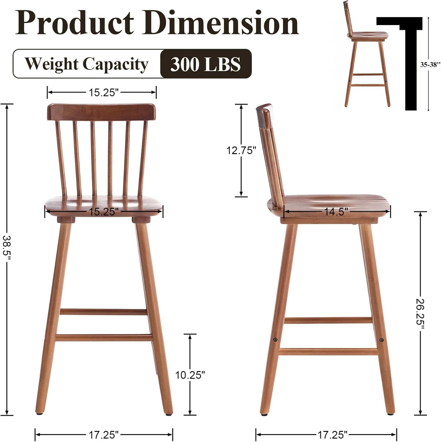 Windsor Bar Stools Set of 2, 26 Inch Counter Height Barstools Wooden Barstools with Spindle Back/Bigger Seat for Kitchen Island/Breakfast Bar/Home Pub, Walnut