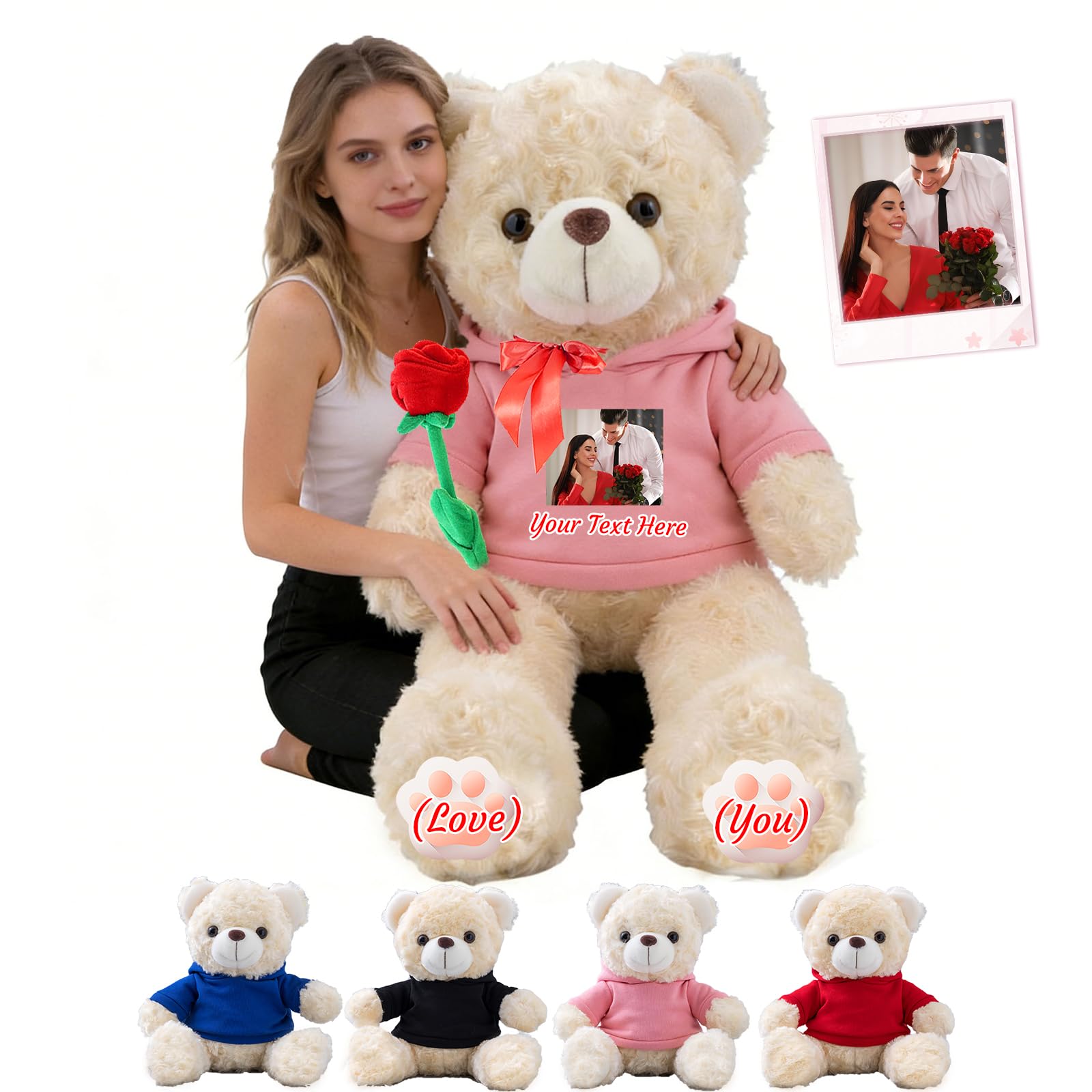 MeterBear Custom Giant Teddy Bear 2 Ft 24 inch to 3.3 Ft 40 inch, Personalised Big Teddy Bear Stuffed Animal Plush with Text Photo as Personalised Gifts for Her Him on Birthday Valentines Christmas