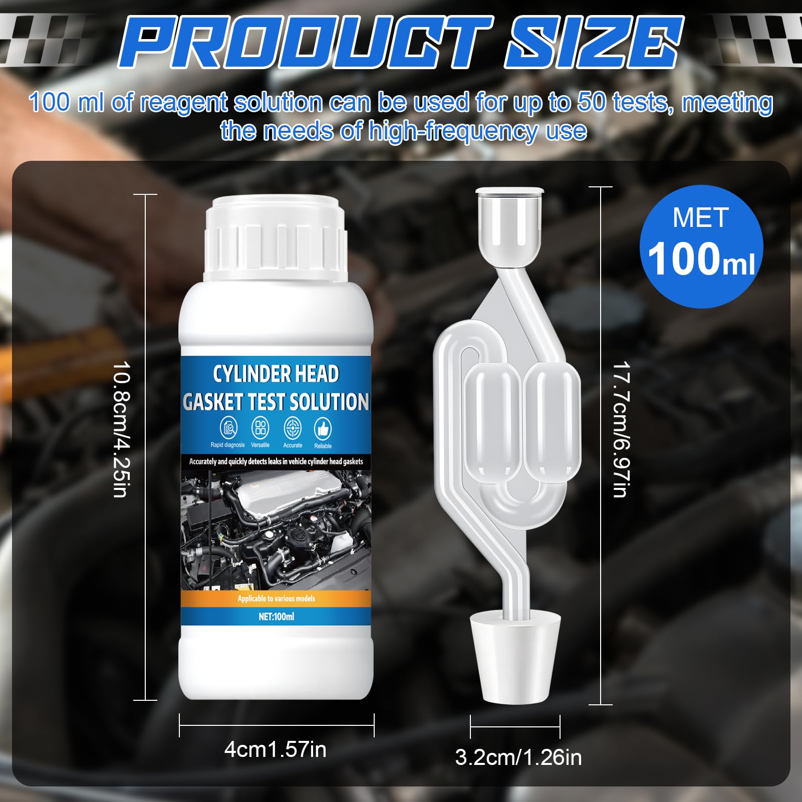 Test Guarnizione Testata, Tester di Guarnizione a Testa Cilindrica CO2 - Diagnosi Rapida e Affidabile per 50 Test, Kit Universale Rilevatore di Perdite CO₂ per Auto e Moto