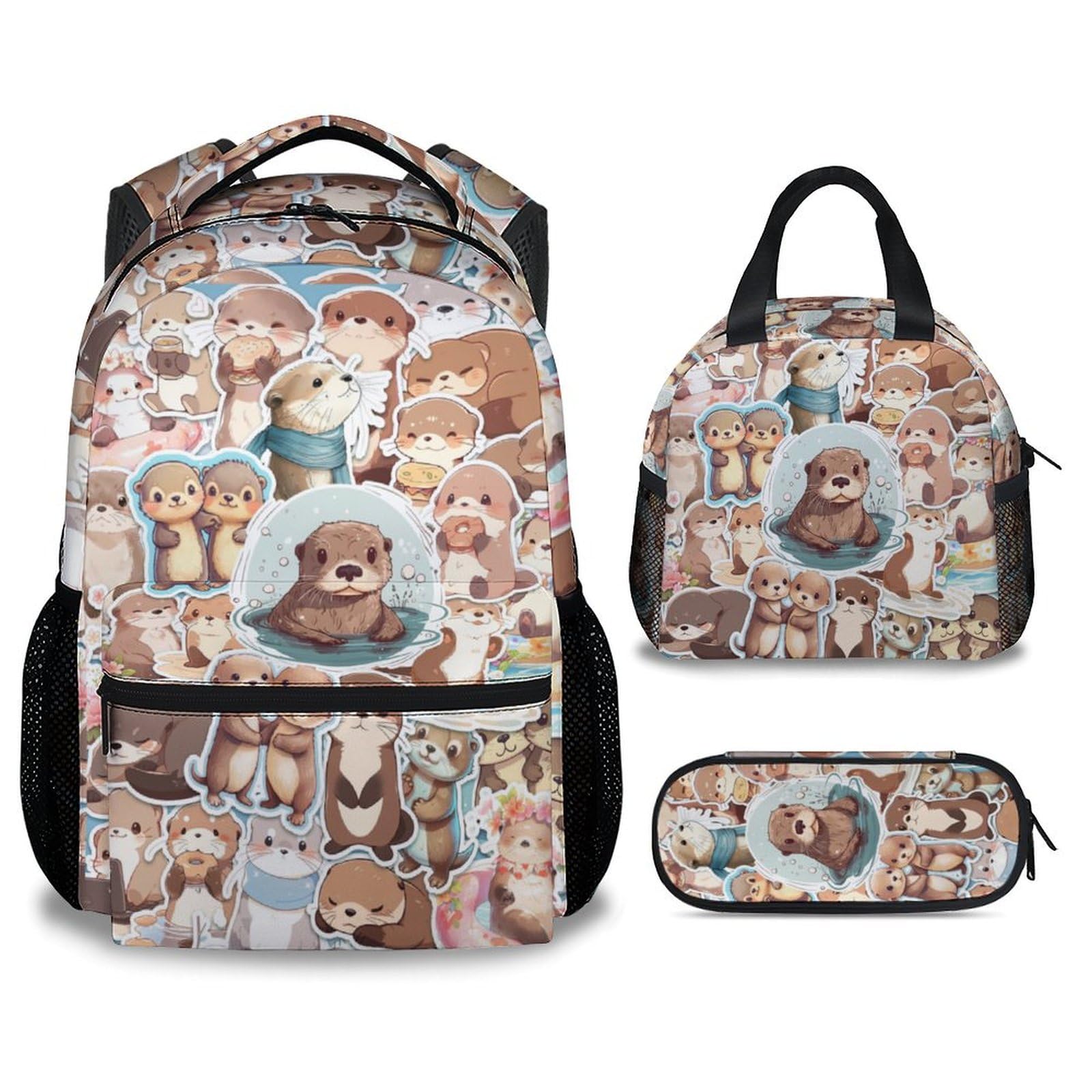 FLEXIMX Otter Backpack with Lunch Box, Set of 3 School Backpacks Matching Combo, Cute Bookbag and Pencil Case Bundle