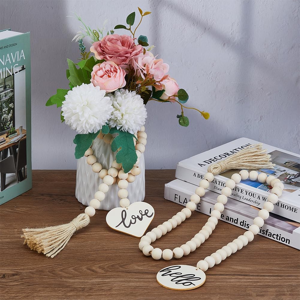 SUPERFINDINGS 2PCS 2 Styles Wood Bead Garland with Tassel 37inch Decorative Beads Farmhouse Beads for Rustic Country Decor Boho Wooden Beads with Love and Hello Tag Pendants