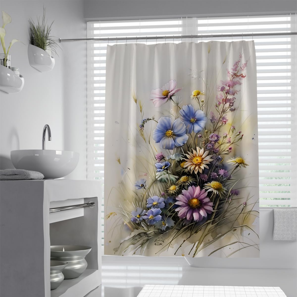 UIRINGART Blue Purple Daisy Shower Curtain W100xL180cm Floral Botanical Washable Fabric Waterproof Anti Mould Bath Enclosure Accessories with Hooks