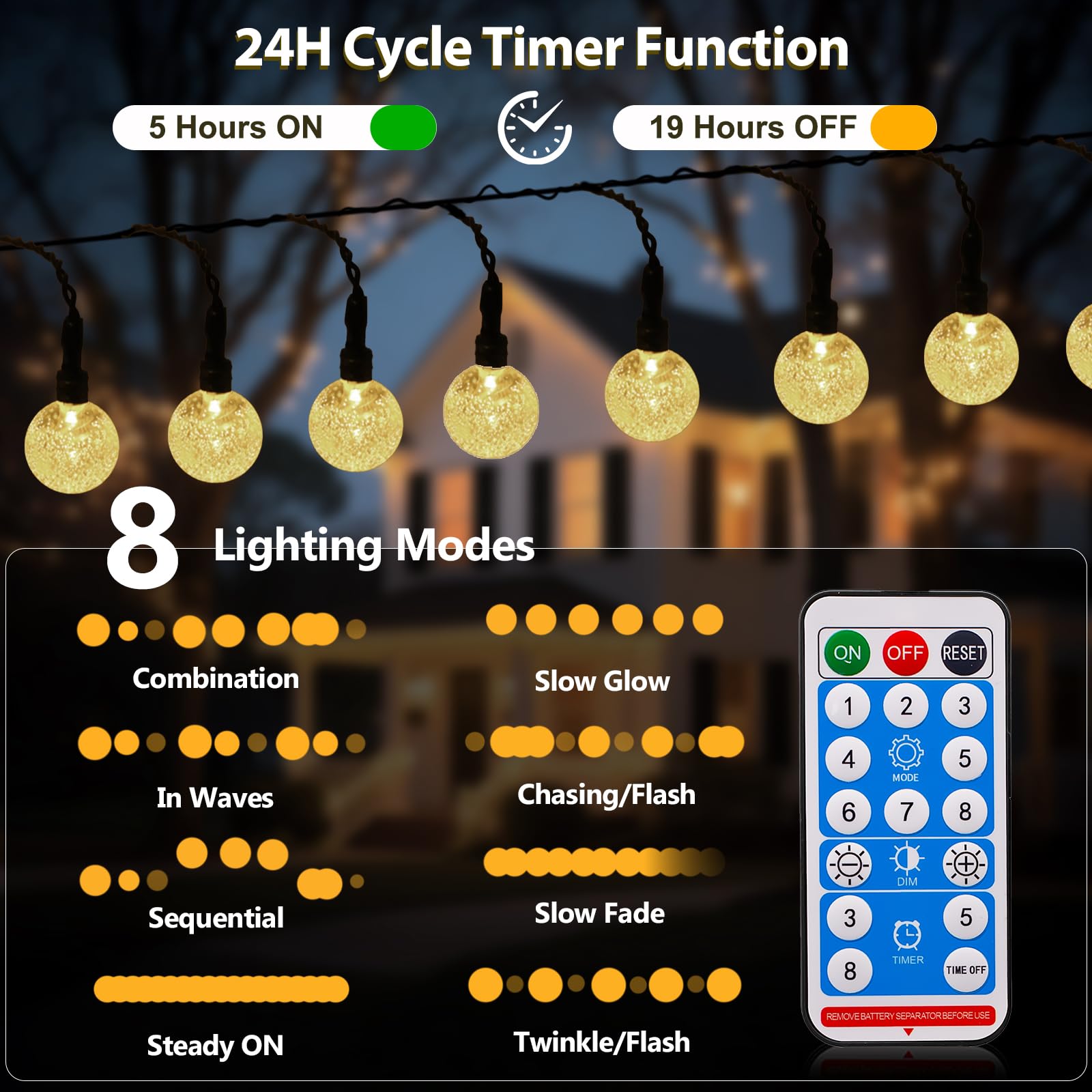 SeaShine Wiederaufladbare batteriebetriebene Lichterkette, 6,7 m, 50 LEDs, Kristallkugel-Lichterkette, IP65 wasserdichte Batterie-Lichterkette mit Fernbedienung, Timer, für Schlafzimmer, Outdoor